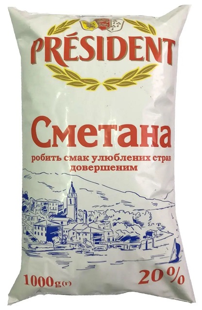 Сметана PRESIDENT плівка поліетиленова, 20%, 1000г